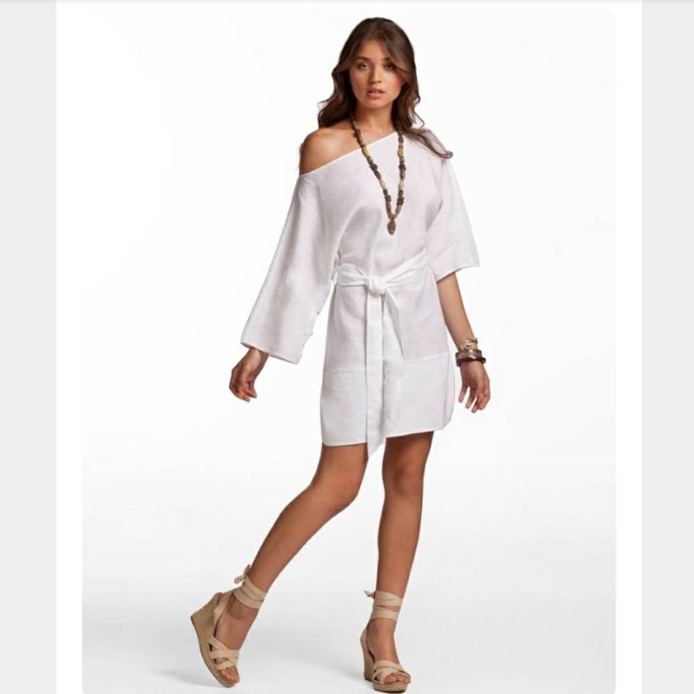 Fresh White Linen Maroon Dress by Island Company